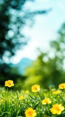 Fototapeta premium A field of vibrant yellow flowers fills the green grass in the Italian Dolomites, creating a serene atmosphere under a clear blue sky, surrounded by majestic mountains