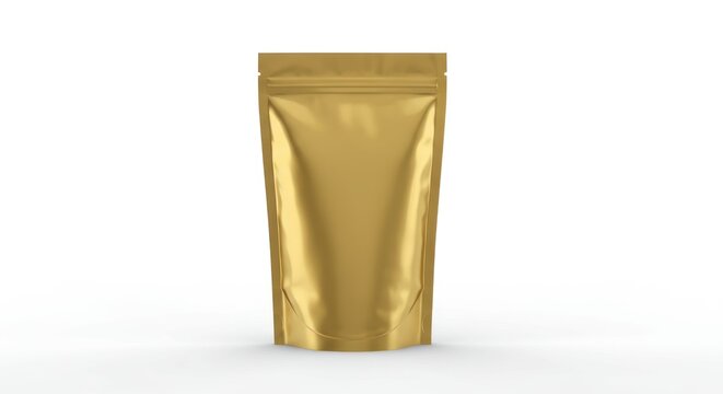 A golden standup pouch with a resealable zipper against a white background