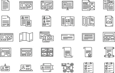 Black-and-white document icon set featuring web layouts, content blocks, certificates, reports, and UI elements for design, apps, and education