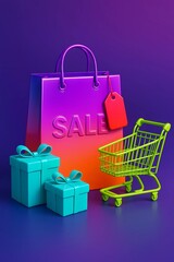 3D Gradient Shopping Bag with Sale Text, Gift Boxes, and Neon Shopping Cart