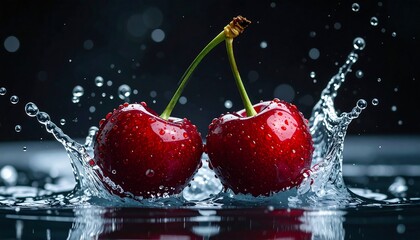 Two fresh cherries in water splash