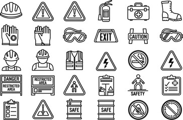 Black-and-white safety icon set featuring workplace hazards, protective gear, warning signs, and emergency symbols for design, signage, and education