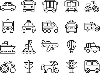 Black-and-white transportation icon set featuring vehicles, travel modes, traffic symbols, and mobility tools for design, education, and navigation