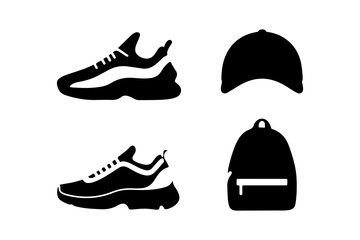 Black silhouette icons of athletic shoes cap and backpack