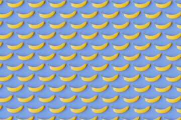 Many bananas on royal blue background. Top flat view, diagonal grid. 3d render, illustration