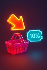 3D Neon Shopping Basket with Discount Voucher – Retail Sale Promotion