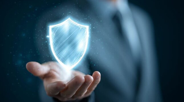 Business professional with transparent background holding glowing AI security shield, symbolizing Revenue Shield fraud prevention, proactive protection, advanced AI-powered systems, cinematic corporat