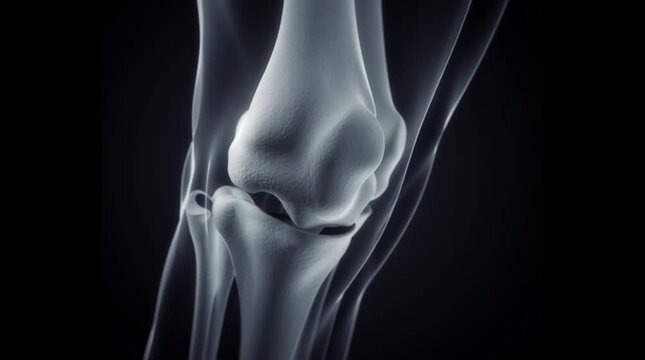 3D medical animation of osteoarthritis in the human knee joint. Hyper-realistic anatomy showing cartilage degeneration, bone friction, inflammation, and joint stiffness. Educational healthcare video i