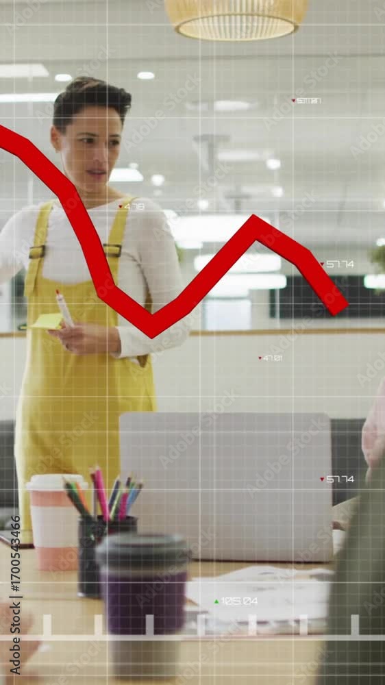 Poster animation of financial data processing over diverse colleagues having meeting in office