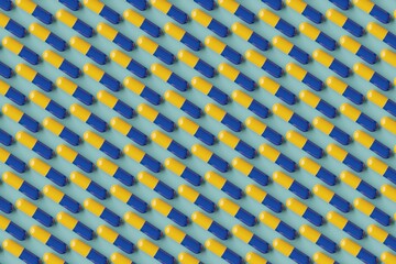 Many blue and yellow pills on cadet blue background. Top flat view, diagonal grid. 3d render, illustration