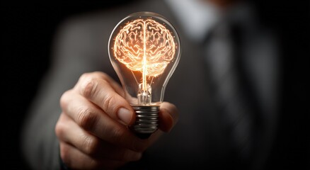 A hand holds a glowing lightbulb with a brain illuminating the inside