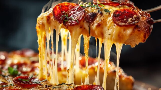 Extreme macro close-up of sizzling cheese pizza with tomatoes and pepperoni, fork lifting molten mozzarella in gooey strands, steamy wisps, glossy highlights, ultra-realistic macro food video, cinemat