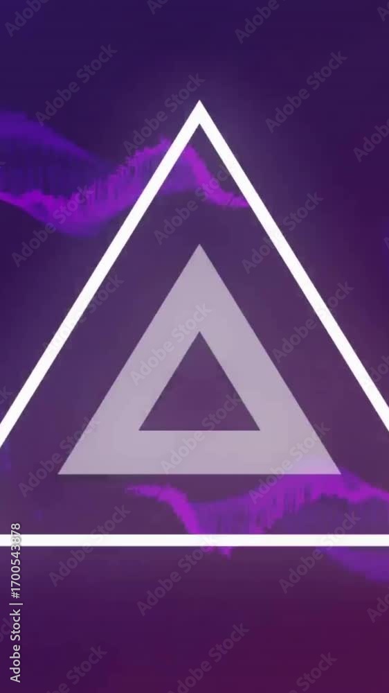 Poster animation of triangle with glowing light trails moving over purple background