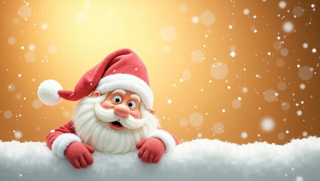 Cheerful Santa Claus peeks out , snowfall golden background - Powered by Adobe