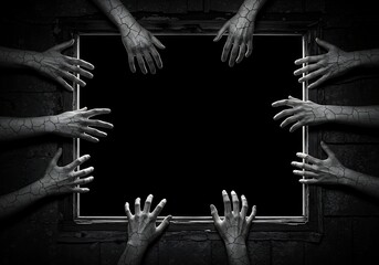 A dark, ominous scene featuring multiple hands reaching towards a black void.