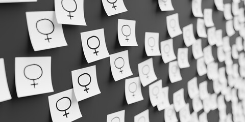 Many white stickers on black board background with venus symbol drawn on them. Closeup view with narrow depth of field and selective focus. 3d render, Illustration