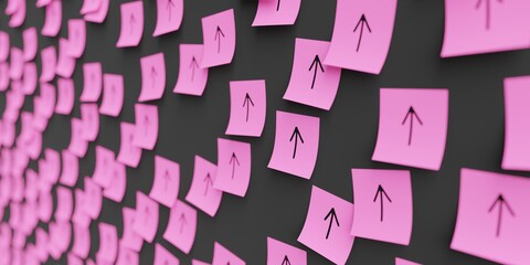 Many pink stickers on black board background with arrow pointing up symbol drawn on them. Closeup view with narrow depth of field and selective focus. 3d render, Illustration