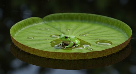 Green frog on a large wet water lily pad in dark water