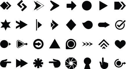 Bullet points icon set. Black Vector Symbols Collection with Directional Arrows, Pointers, Shapes, Check Mark, Heart, Play Button and Navigation Icons for Web, Apps, UI, Infographic and Graphic Design © SM NN