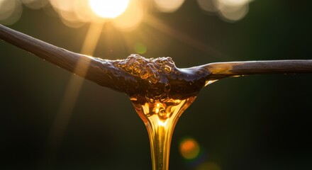 Golden resin dripping from a branch at sunset