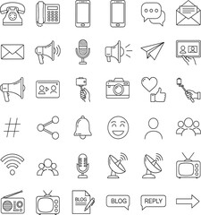 Communication icon set, black line style, media symbols, social interaction graphics, vector illustration, messaging tools, broadcast elements, digital network pack