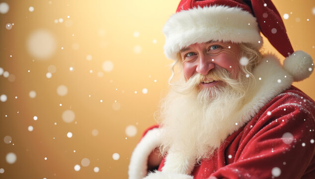 Cheerful Santa Claus peeks out , snowfall golden background - Powered by Adobe