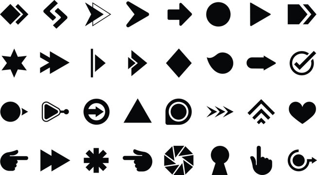 Bullet points icon set. Black Vector Symbols Collection with Directional Arrows, Pointers, Shapes, Check Mark, Heart, Play Button and Navigation Icons for Web, Apps, UI, Infographic and Graphic Design