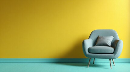 Cozy blue chair with pillow against a vibrant yellow wall, soft light and blue floor
