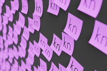 Many violet stickers on black board background with symbol of Croatia kuna drawn on them. Closeup view with narrow depth of field and selective focus. 3d render, illustration