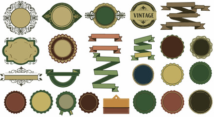 Vibrant vintage-style labels, ribbons, and seals with playful color tones