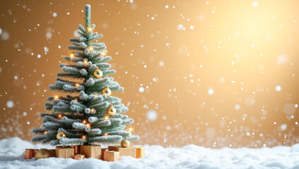 Christmas tree decorated with balloons snowfall golden background