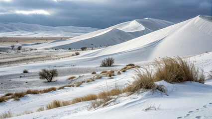 Snow-covered dunes in China’s Gobi Desert in winter.