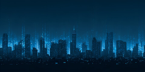 Urban skyline silhouette with glowing blue tech lines overlay