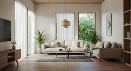 Fototapeta premium Living room with modern furniture and large windows overlooking trees