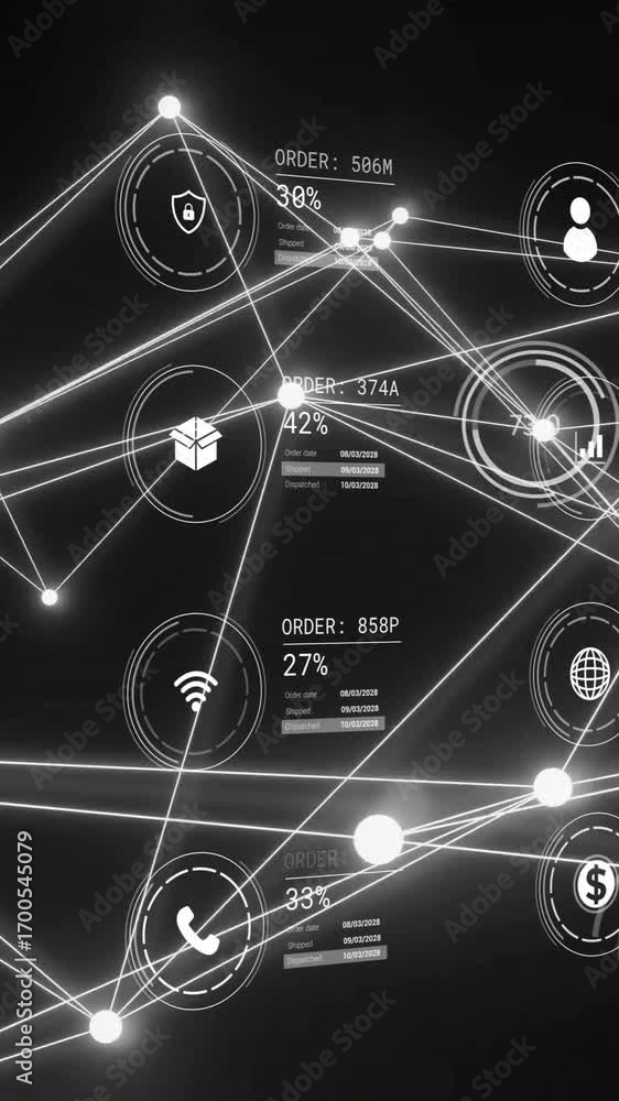 Aufkleber animation of data processing with icons over connections