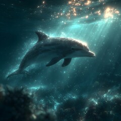 Fototapeta premium Majestic dolphin swims gracefully through sunlit ocean depths, surrounded by shimmering light.