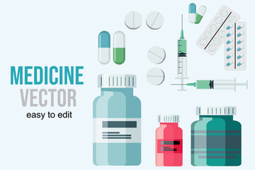 Isometric medical equipment. Pills, bandage and bottles. Pharmacy and hospital elements, flawless vector clipart