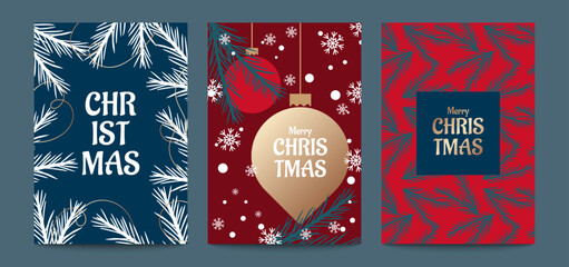 Merry Christmas and Happy New Year greeting card set. Bright festive design with Christmas balls and tree branches, snowflakes