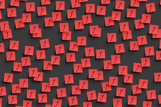 Many red stickers on black board background with symbol of Netherlands Antil guilder drawn on them. Flat view. 3d render, illustration