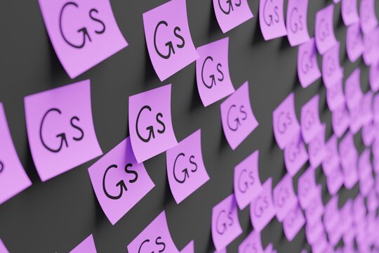 Many violet stickers on black board background with symbol of Paraguay guarani drawn on them. Closeup view with narrow depth of field and selective focus. 3d render, illustration