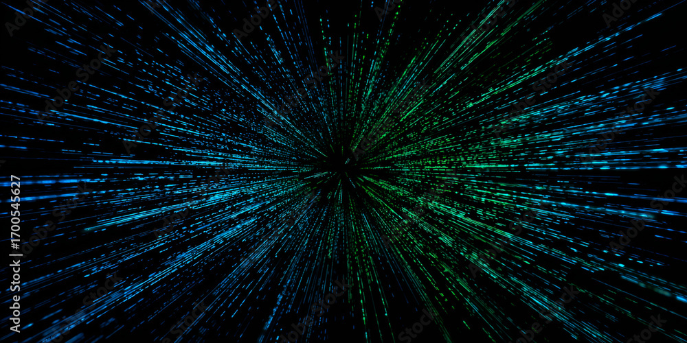 Poster abstract digital data tunnel with blue and green streaming lines in motion