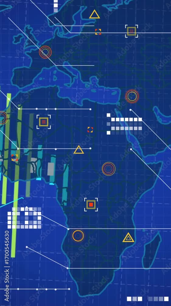 Aufkleber animation of data processing over world map on blue background