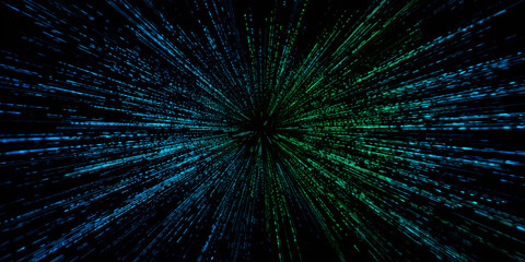 Fototapeta premium Abstract digital data tunnel with blue and green streaming lines in motion