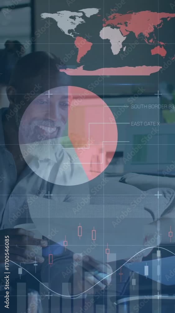 Poster animation of financial data processing over diverse colleagues discussing work in office