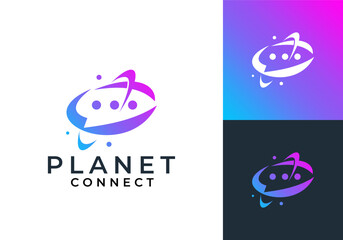planet logo design. chat talk galaxy connection technology vector design concept