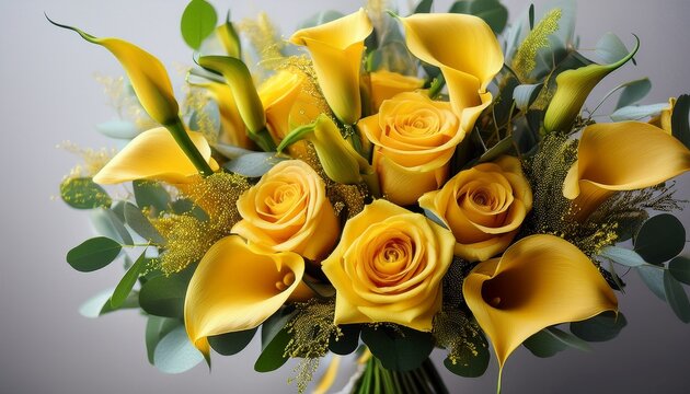 Elegant Floral Bouquet Featuring Yellow Roses Calla Lilies And Green Buds Arranged For A Special Occasion