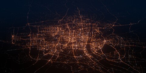 Changsha (China) night view with street lights. Aerial shot from space. perspective view heading south, 