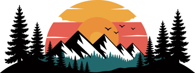 Retro sunset over snowcapped mountains with pine trees silhouette, vintage travel graphic