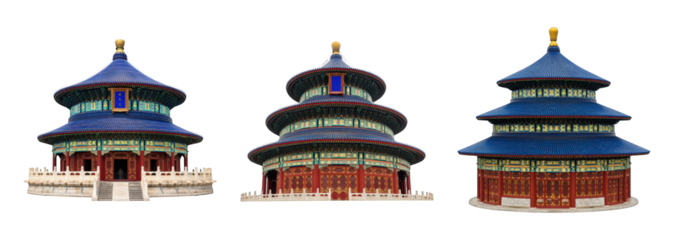 Traditional Chinese temple set including multiple views of tiered, ornate architecture isolated. Asian culture and travel design elements.