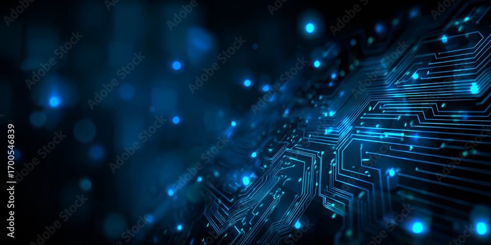 Poster glowing digital motherboard with floating particles and blue circuit lines